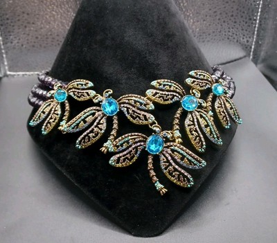 Signed Heidi K9 Dragonfly Purple Bead Blue Rhinestone Goldtone Necklace