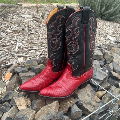  Nocona Boots Womens 5.5 Red Leather Teju Lizard Western Cowgirl Pointed 