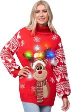Adult LED Light Up Christmas Ugly long Sweater with Light Bulbs, Red Reindeer