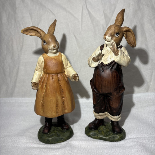 Bunny Rabbit Pair Easter Spring Decor Ceramic Folk Art Whimsy - Picture 1 of 10