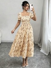 Women Floral Maxi Dress Square Neck Short Sleeve Tiered Ruffle Summer Boho