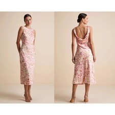 Lulus Tarice Beige Floral Jacquard Cowl Back Midi Dress Size XS