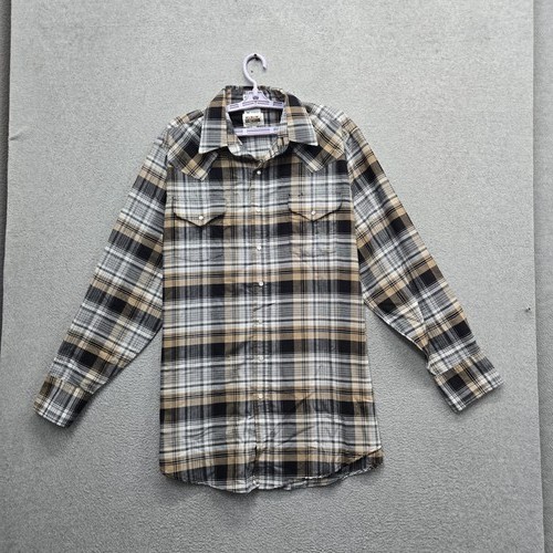 Ely Cattleman Men Button Up Shirt XLT Tan Western Shirt Plaid Pearl