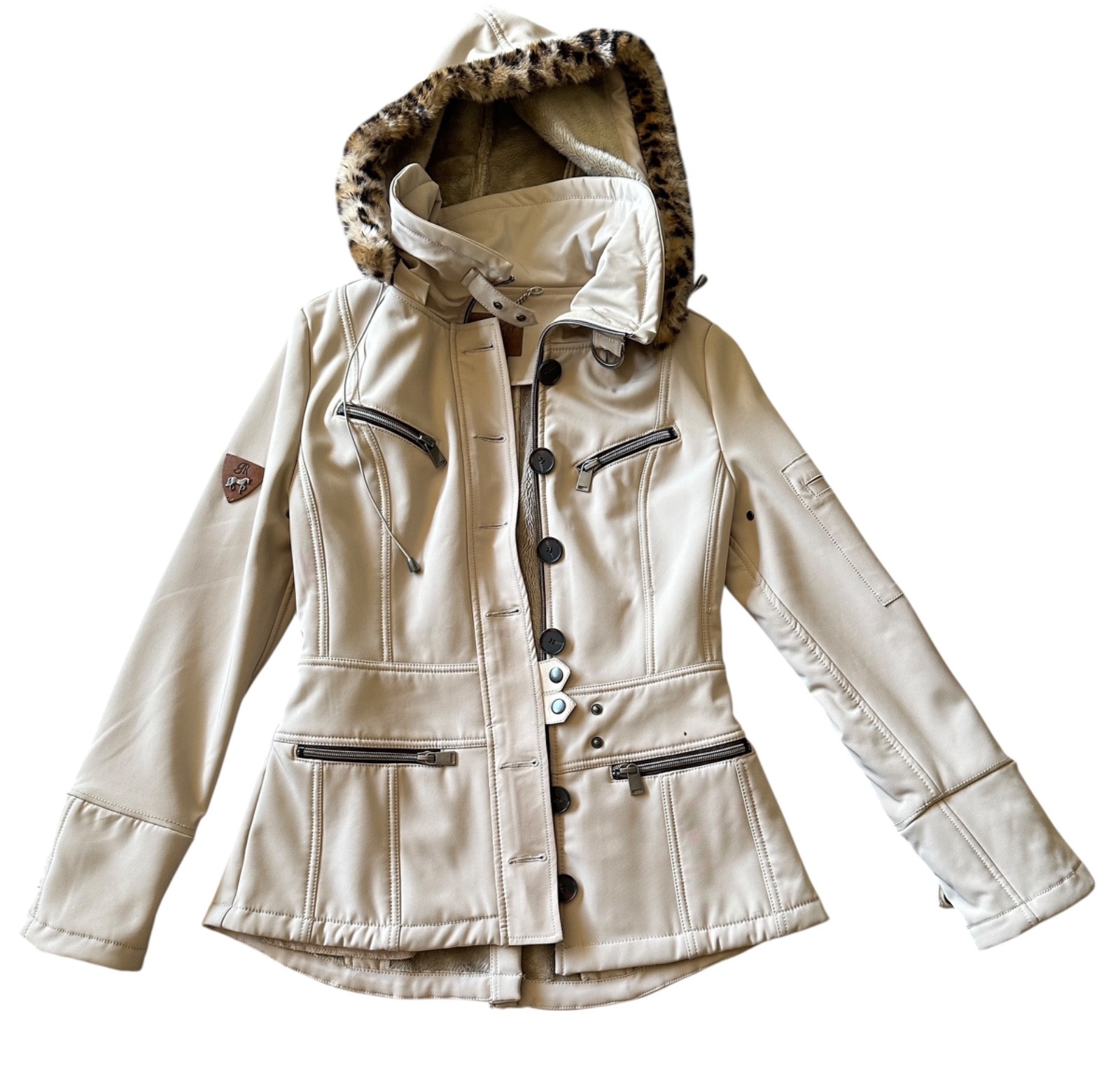 Goode Rider Beige Fur Lined Hooded Coat  Cargo Parka Jacket Women Small