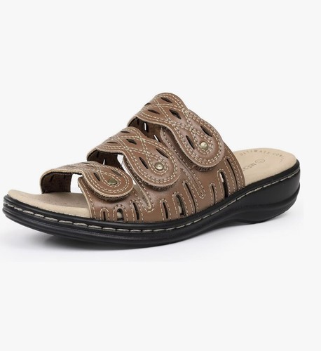 Clarks Leisa Faye Straps Slide Sandals Slip On Tan leather Brown Women’s 8.5 New