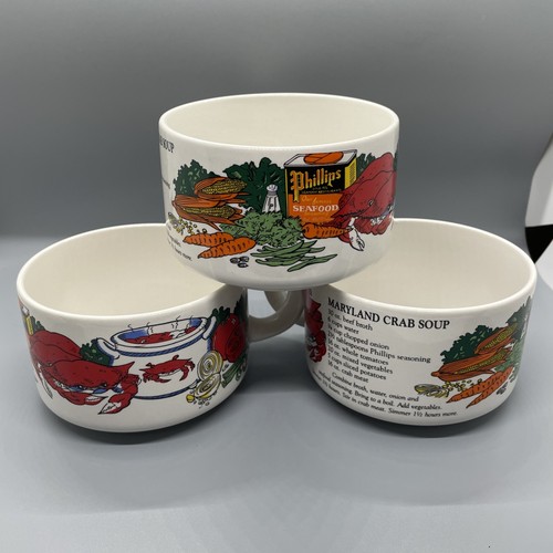 Set Of 3 Vintage Phillips Seafood Maryland Crab Soup Recipe Mug Bowl with Handle