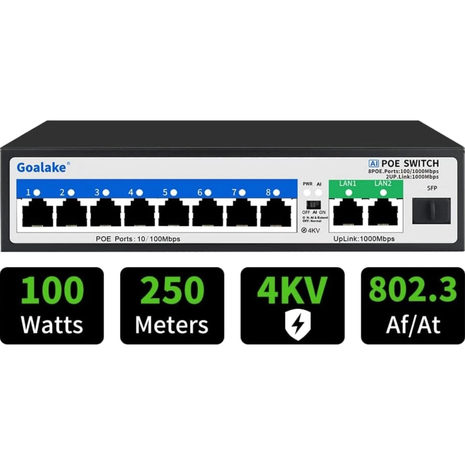 8-Port PoE Switch, 100W, Uplink, SFP, Blitzschutz, Überwachung, kabellos