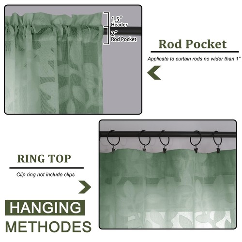 Sage Green Sheer Curtains 63 inches Long 2 Panels for Living Room, Jacquard C... - Picture 3 of 8