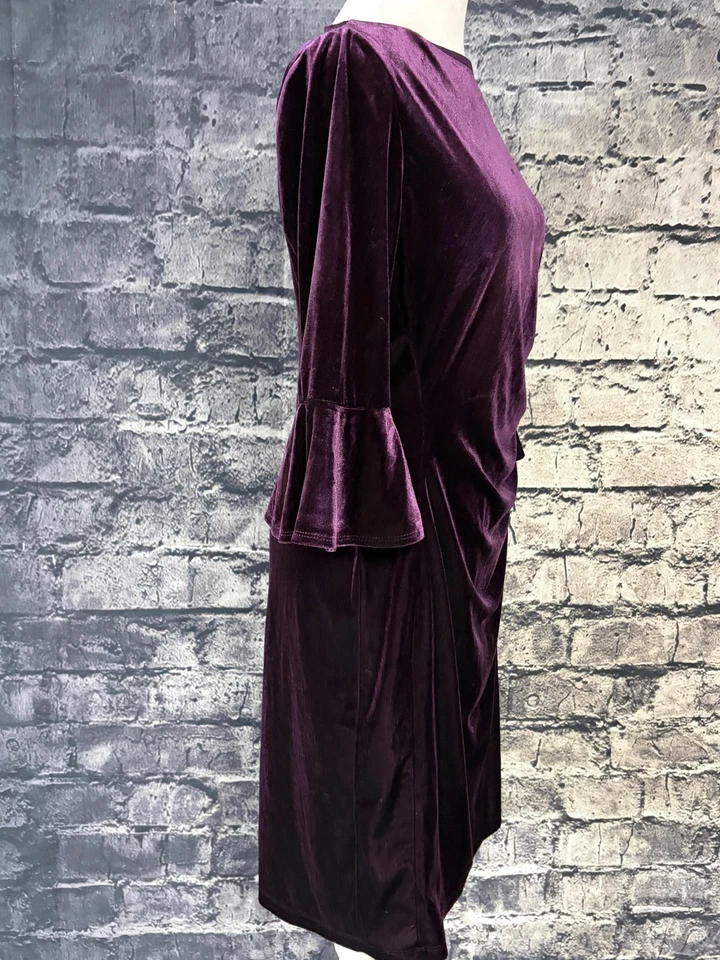 Lauren Ralph Lauren Dress Womens 10 Purple Velvet Ruched Bell Sleeve Sheath - Image 3 of 4