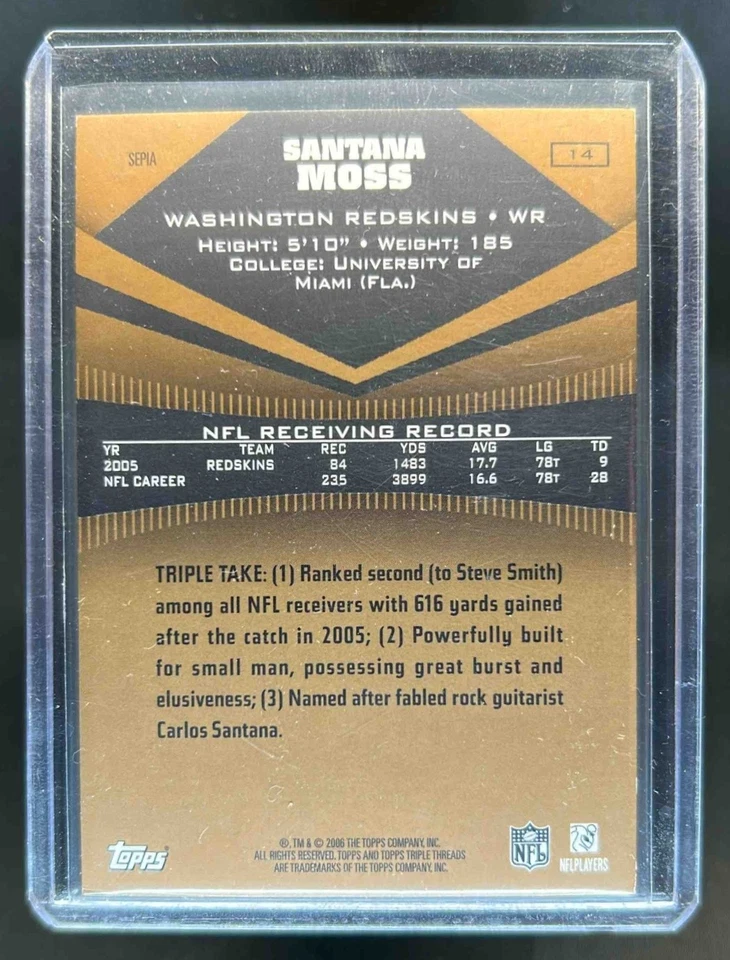 2006 Topps Triple Threads Santana Moss Sepia #/499 Redskins - Image 2 of 2