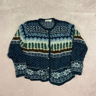Vintage Strickjacke Abstrakt Baum Muster Strickpullover Damen L