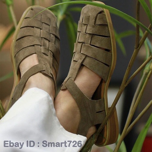 Closed Toe Sandal Knit Buckle Slingback Real Leather Men Shoes Retro Roman Style - Picture 3 of 26