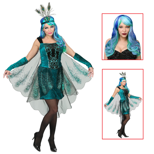 VESTITO CARNEVALE + ACCESSORI PAVONE ABITO COPRICAPO PARRUCCA TRAVESTIMENTO  (L) | eBay