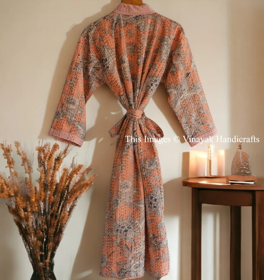 Bata de baño india vintage de algodón Kantha hecha a mano para mujer kimono chaqueta melocotón Foto 4 de 4