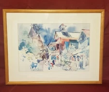Street View Impressionist Watercolor Printed Painting in Wooden Frame 29" Inches