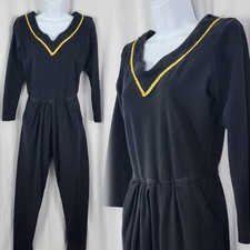 Vintage FADS Black Knit Jumpsuit w Pleated Pants Gold Braid Neckline Size S