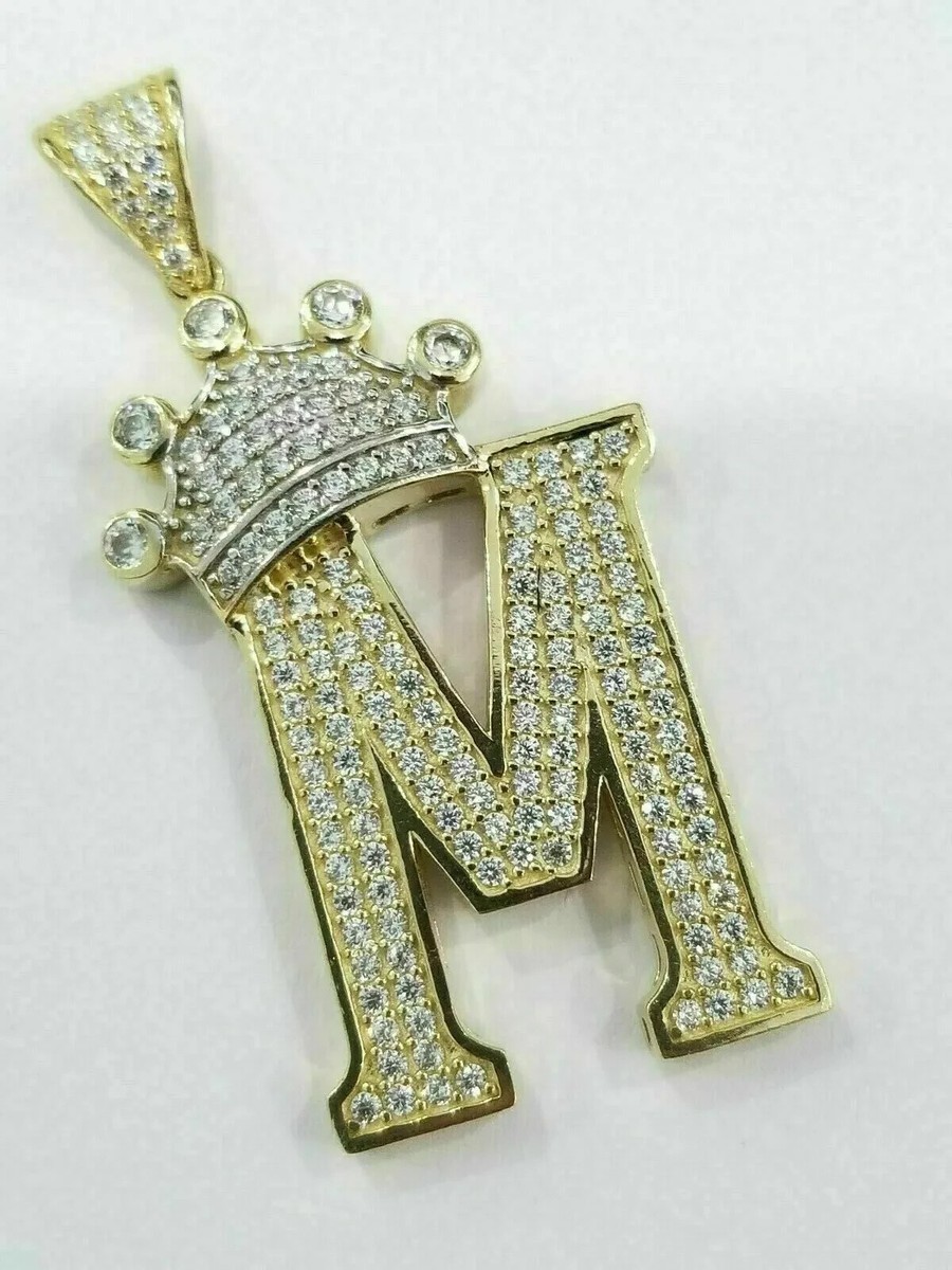3CT Round Cut Diamond Letter Initial Crown King M Pendant 14K