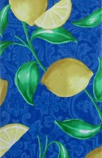 Lemons on Blue Damask Vinyl Flannel Back Tablecloth Various Sizes
