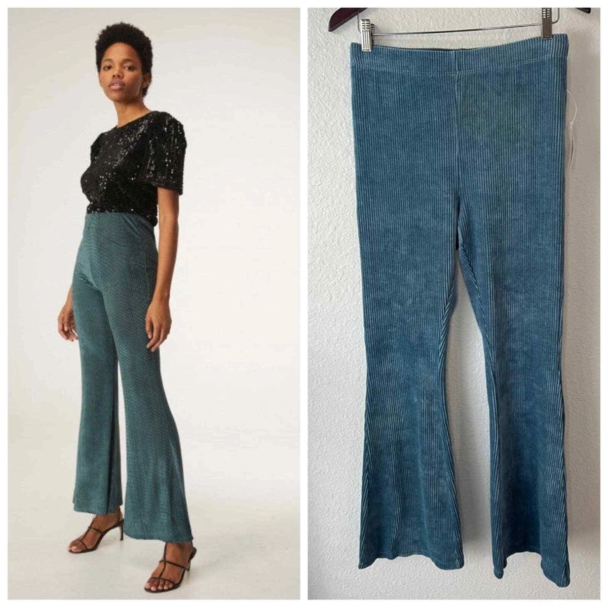FOREVER 21 Flared Corduroy Leggings Knit Teal Pants Size L. eBay