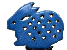 Vintage Art Pottery Blue Bunny Rabbit Stoneware Trivet Hot Plate with Hearts