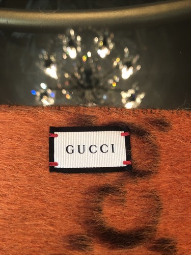 100% Authentic GUCCI Tangerine & Brown Wool Alpaca Big GG Rock Monogram Scarf - Picture 5 of 12
