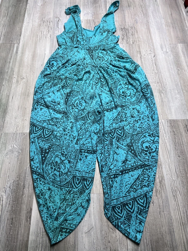 Vintage 90s Womens Romper Scoop Neck Tank Artsy Tribal Floral Teal Size Medium - Image 2 of 4