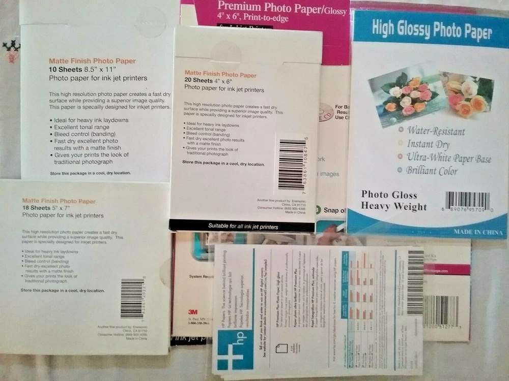 Lot of Photo Printer Paper 3M, HP, Eersonic 8.5 x 11", 4" x 6", 5 x 7"