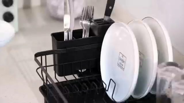 Carbon Steel Dish Drying Rack With Utensil Holder & Drain Board - Black, Space-Saving