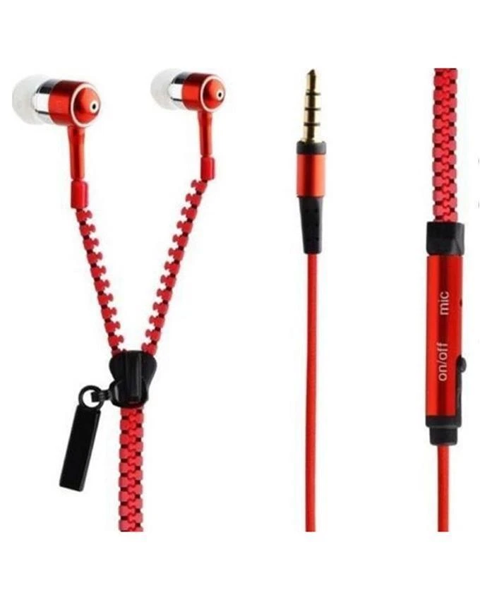 No Tangle ZIPPER EARPHONES with Mic Earbud 3.5mm jacked Red