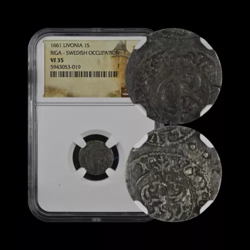 LIVONIA. 1661, 1 Solidus, Silver - NGC VF35 - Carl XI, Sweden, Riga, Griffin