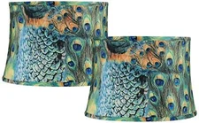 Set of 2 Peacock Print Medium Drum Shades 14" Top x 16" Bottom x 11"H (Spider)