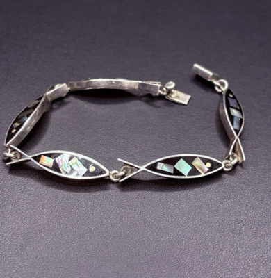 MEXICO 925 Silver  Vintage Abalone & Black Onyx Ichthys Fish Bracelet