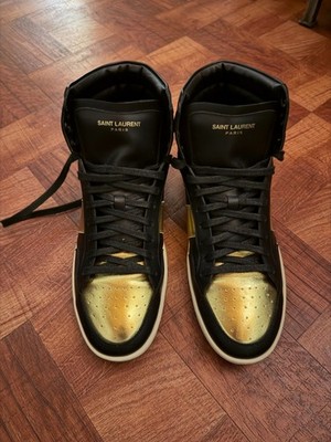 Saint Laurent SL/10H High Top Sneakers Black Gold Laminated Leather EU 43 US 9.5