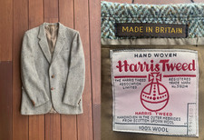 VTG 70s Harris Tweed Gray Beige Herringbone Wool Blazer Jacket 42L Britain Ivy