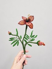 Vintage French Beaded Red Flower With Buds Long Stem Glass Bead Floral Art