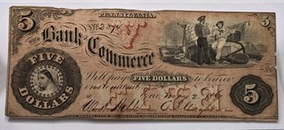 1860 Erie Pennsylvania PA The Bank of Commerce $5 Obsolete Banknote Fine