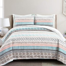 Hygge Geo Pattern Striped 3 Piece Quilt Bedding Set Full/Queen Neutral