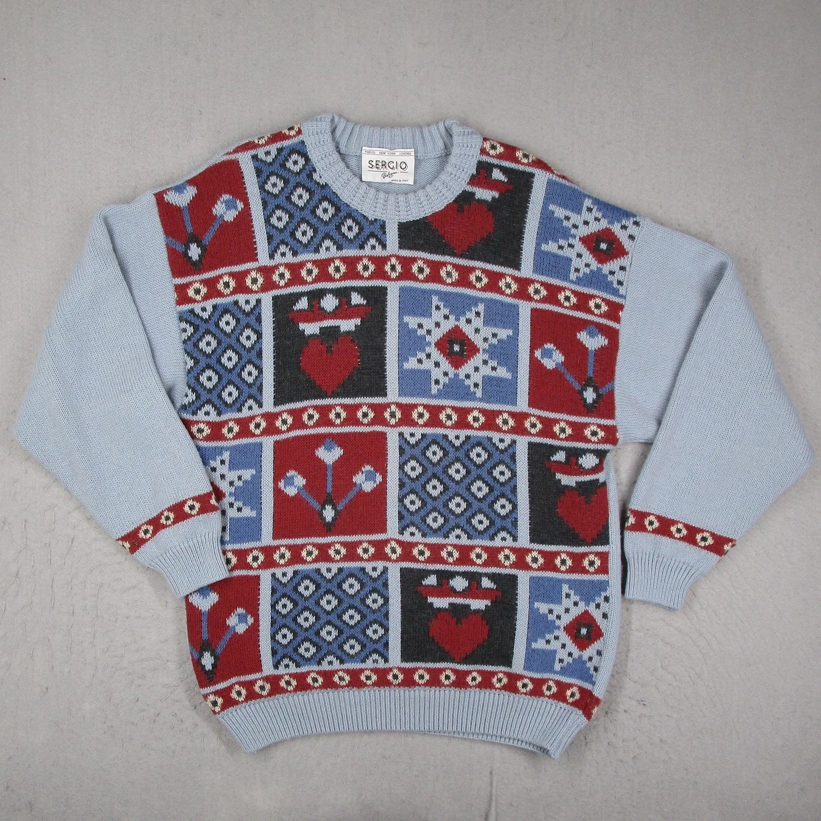 Vintage Sergio Sweater Mens Medium Blue Heart Fair Isle Knit Wool Italy 90s