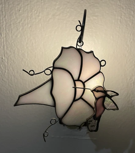 Vintage Tiffany Style Stained Glass Nightlight Hummingbird & Flowers Works
