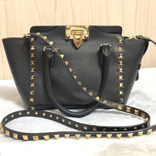 Valentino Rockstud Leather Crossbody HandBag 2Way Black Auth Used