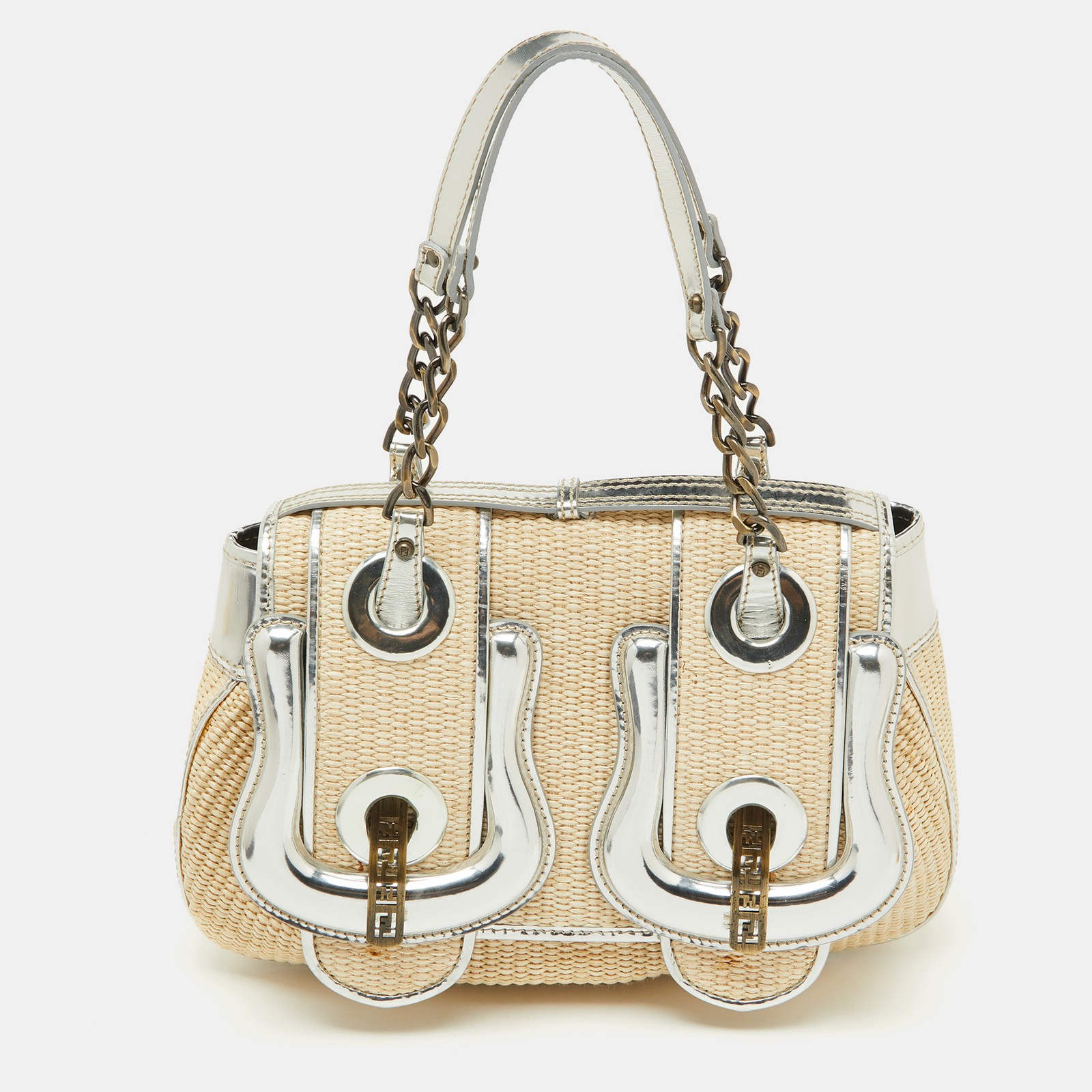 Fendi Beige Silver Raffia Leather B Shoulder Bag