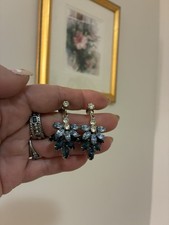 Vtg Blue Shades Rhinestone Dangle Earrings- Prong Set, Silvertone, Screwback