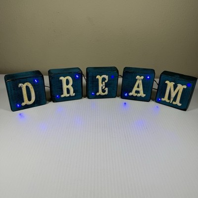 Handmade Wooden  DREAM  Light-up Block Sign Rustic Teal Decor Blue LED lights