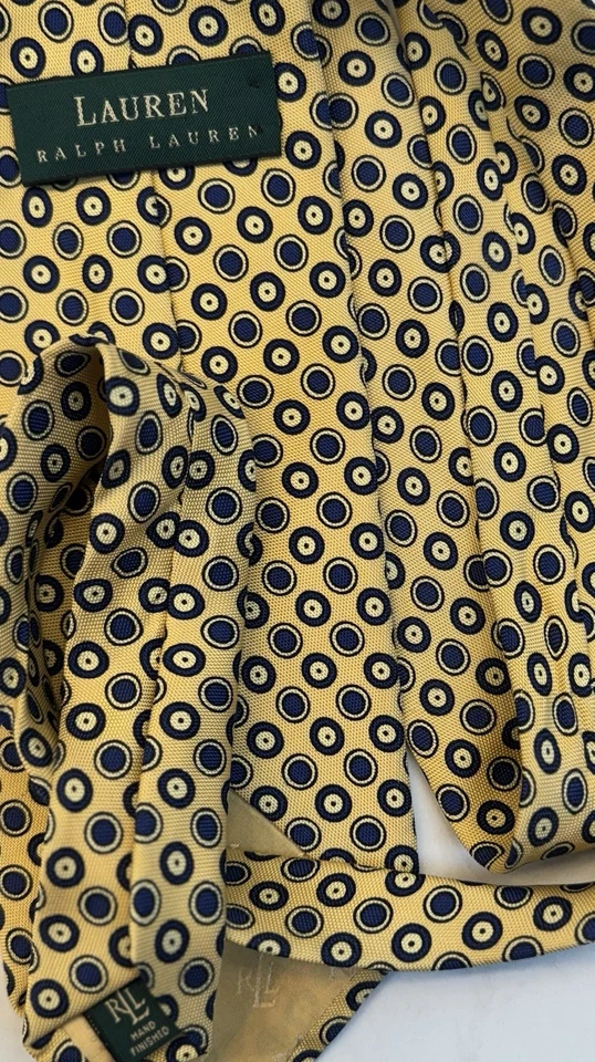 Corbata De Colección Lauren Ralph Lauren 100% Seda Amarillo Azul Geométrica Hecha en EE. UU. Foto 4 de 4