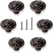 Vintage Rose Cabinet Knobs, Antique Bronze Cupboard Dresser Small, 6 Pack 