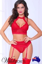 NEW Seven Til Midnight Perfect Catch Red Bra with Garter Belt & Crotchless Thong