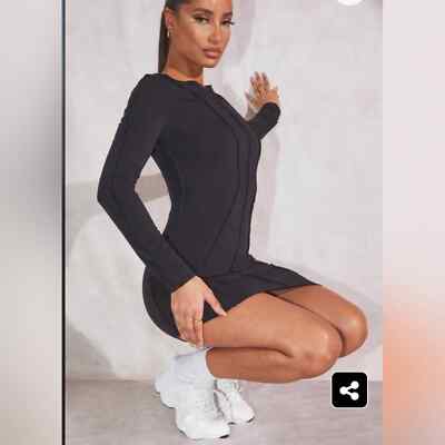 PrettyLittleThing BLACK JERSEY RAW SEAM LONG SLEEVE ASYMMETRIC BODYCON DRESS  | eBay