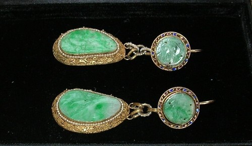 Antiq Chinese Jade Gold Gilded 925 Silver Filigree Drop LeverBack Earrings 3.5"L - Picture 3 of 15