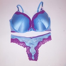 Victoria Secret Bra Set Push Up Thong Panty Blue Purple Tease Lace Trim Underwir