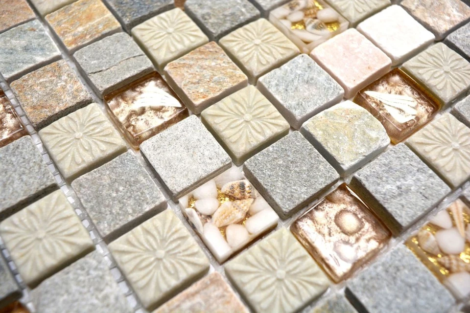 Naturstein Rustikal Quarzit Naturstein Mosaikfliese Glasmosaik gold beige ... - Bild 3 von 4